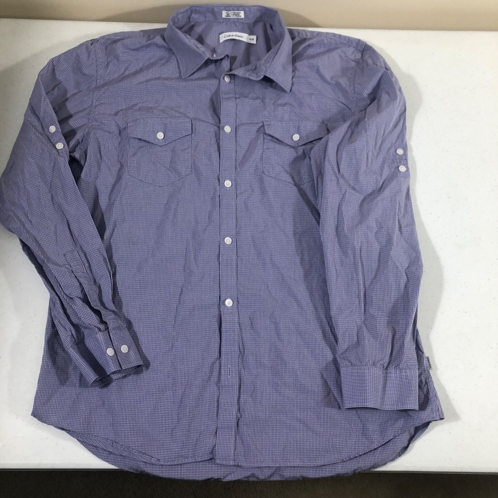 Calvin Klein 100% Cotton Men Long Sleeve Button Up Shirt XL Purple Micro Gingham